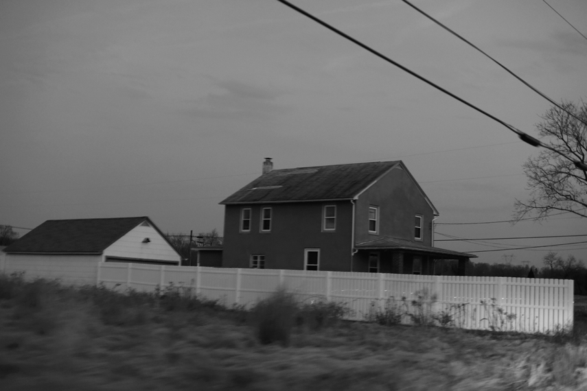 Michael Ast, Spinnerstown, Bucks County, drive-by, homestead, rural, fence, blur, motion, chimney, telephone lines