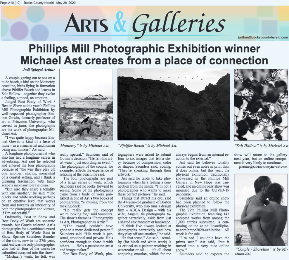 Michael Ast, Emmet Gowin, Bucks County Herald, PMPE, Phillips Mill Photographic Exhibition, best in show, best body of work, archival pigment print, exhibition, photo exhibition, west coast, east coast, Pfeiffer Beach, Monterey peninsula, monterey, California, CA, couple, nudists, naturist, naked, embrace, hair blowing, salt hollow, organic, abstract, tonality, landscape lyricism, black and white photography, bw photo, b&W, photography award, pennsylvania photographer, Bucks County photographer, Lehigh County photographer, Boston University alumni, photojournalist, BU
