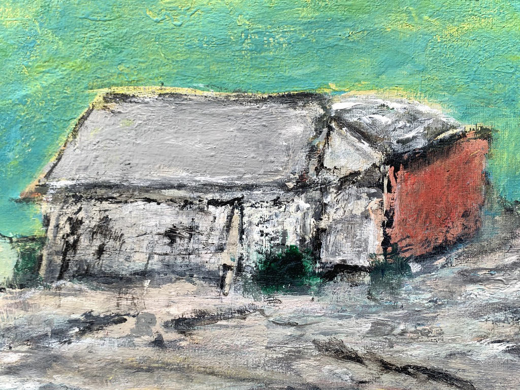 acrylic, painting, expressionism, apocolyptic landscape, apocolyptic, barn, outcrop